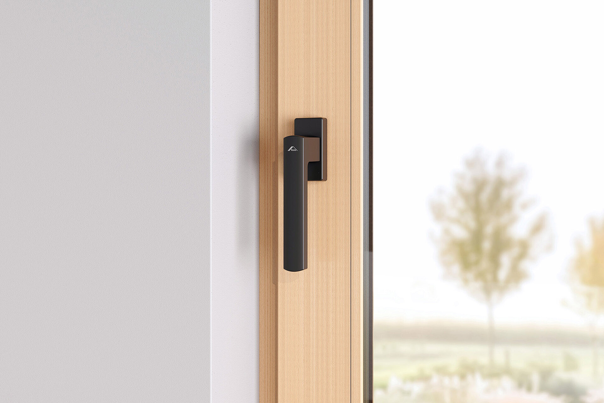 Black Roto Square window handle on a timber sash