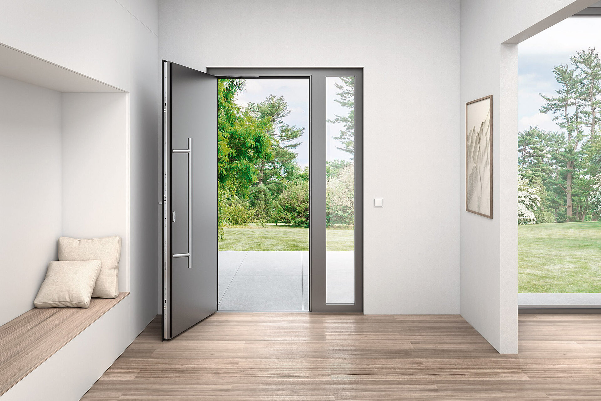 A view of an open entrance door from the inside