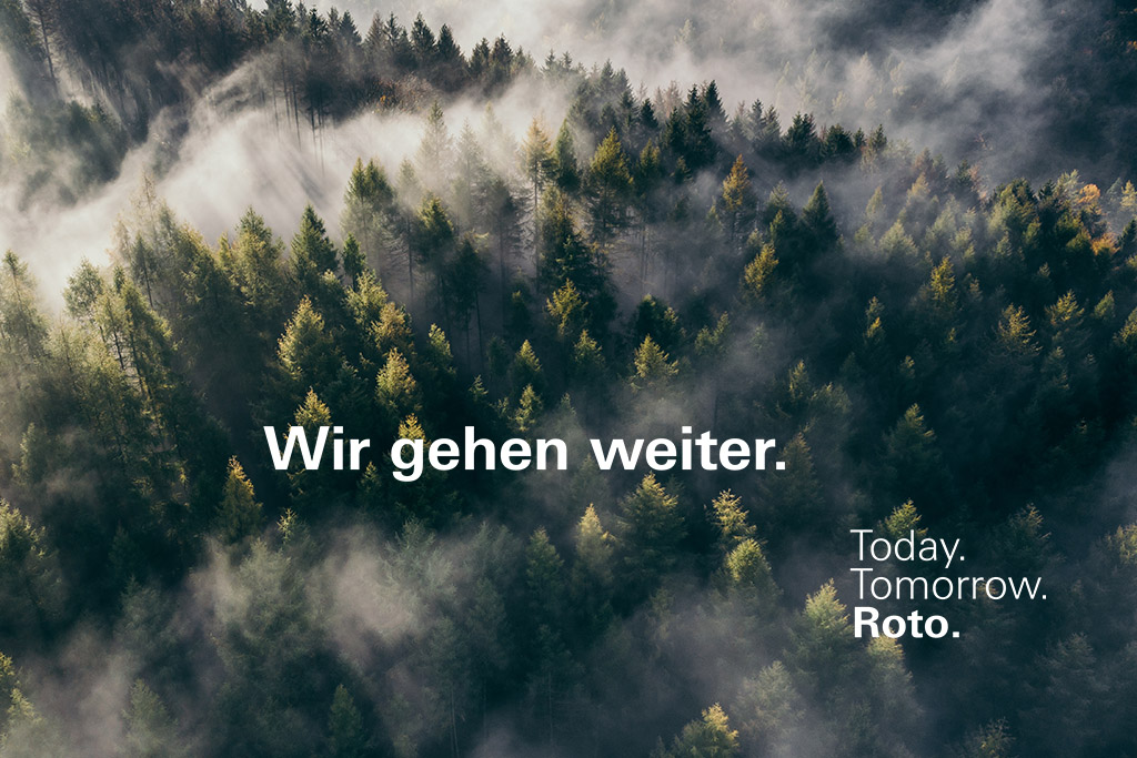 Nebliger Wald mit Text: Wir gehen weiter. Today, tomorrow, Roto